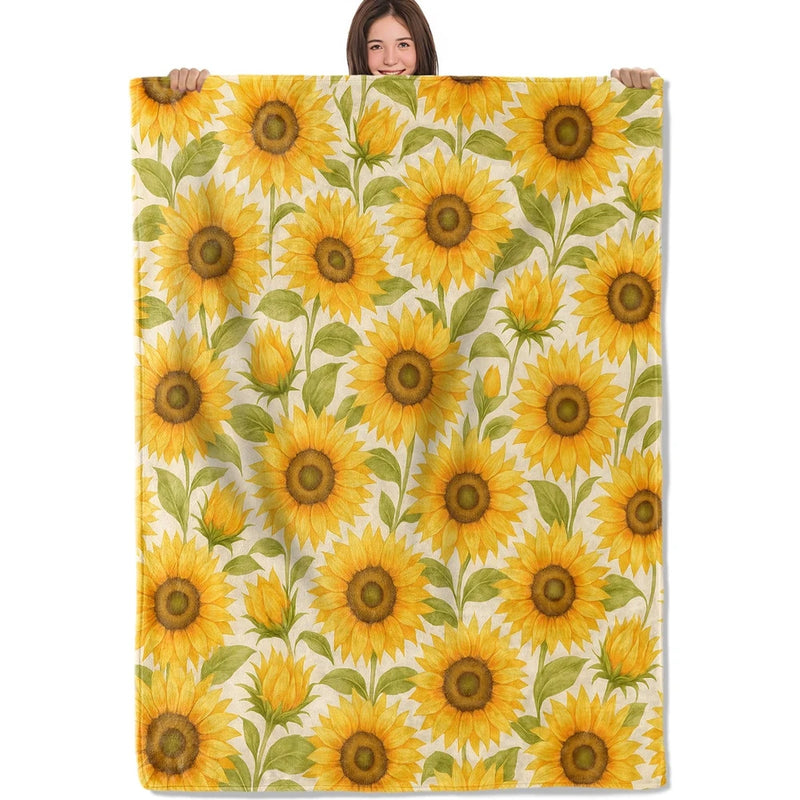 Sunflower floral throw blanket with yellow sunflowers on white background, stitched edge