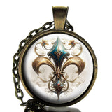 Fleur de Lis Flower of the Lily Glass Top Pendant Necklace Handcrafted Gift Lily