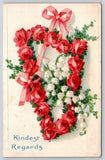 Flower Greetings~Lily Of Valley Thru Red Rose Heart Shape~c1910 Vintage Postcard Lily