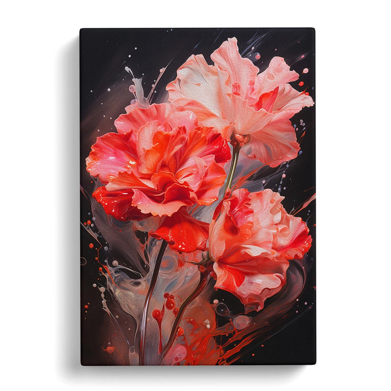 Framed canvas wall art with coral pink flowers and abstract splash design
