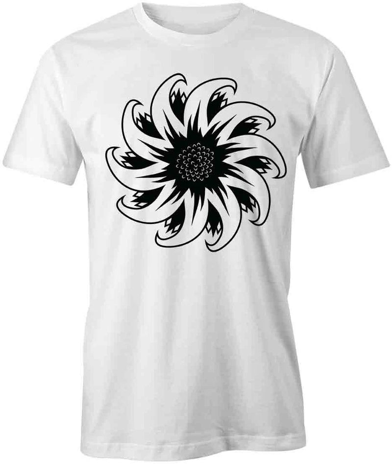 White cotton T-shirt with large black sunflower graphic on front