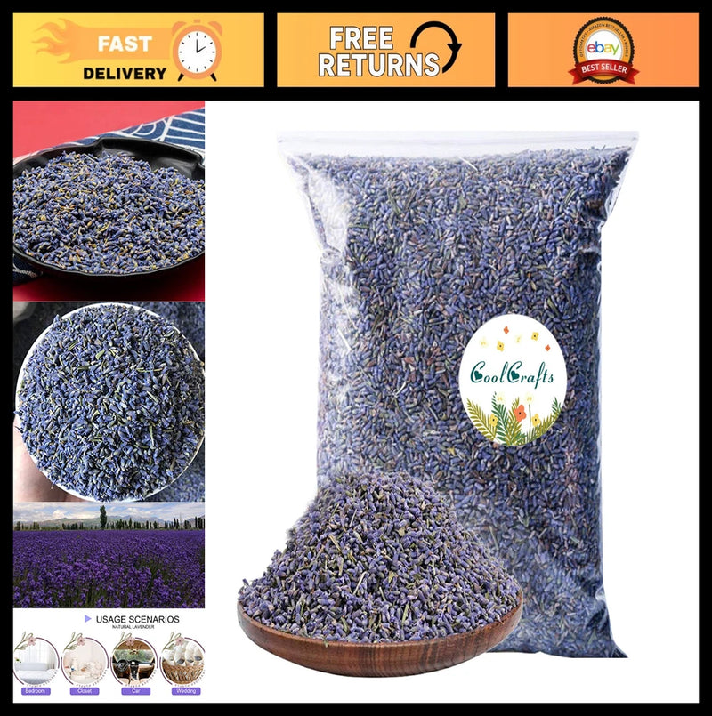 Bulk bag of dried lavender buds, loose purple flowers in clear plastic pouch
