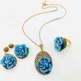 Fashion Peony Flower Rhinestone Pendant Necklace Earrings Ring Women Jewelry Set Peony