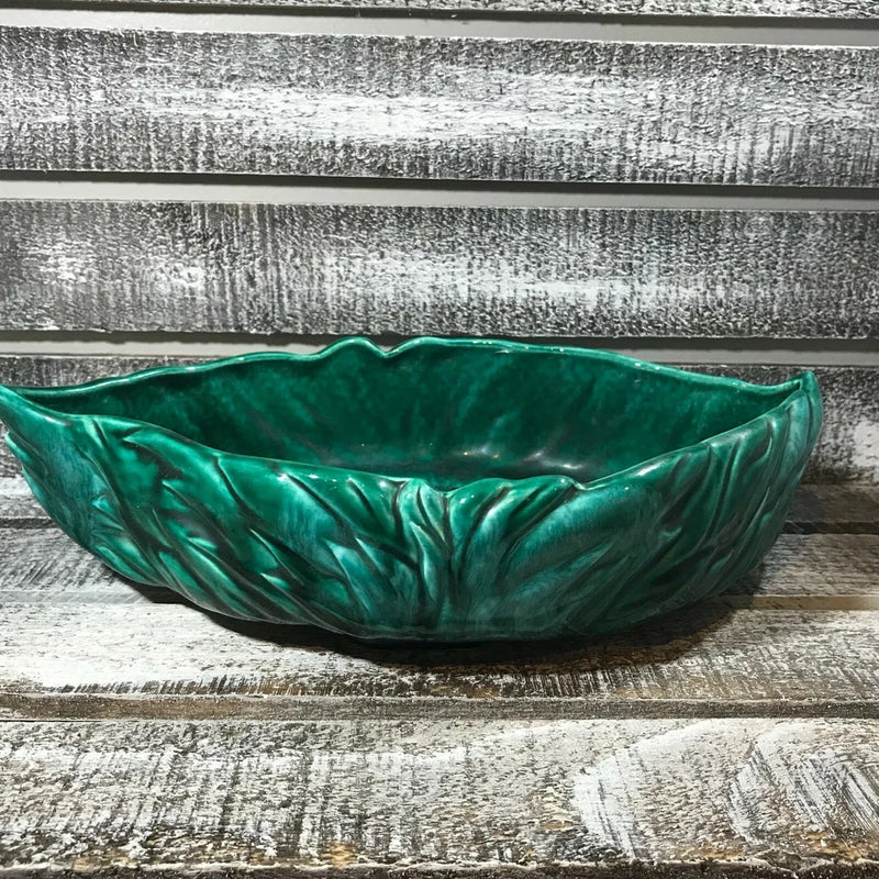 Vintage Ceramic Planter Green Shallow Leaf Lily Pad Lotus Flower Design Lily