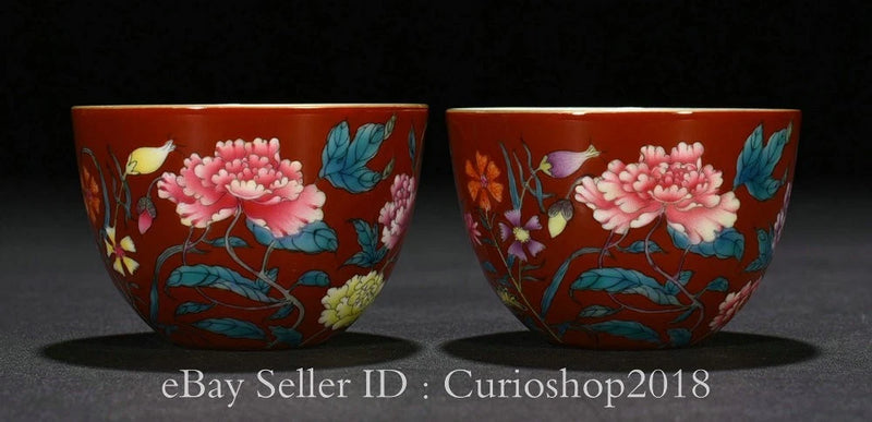 2.8" Qing Yongzheng Marked Red Glaze Pastel Porcelain Peony Flower Tea Bowl Pair Peony