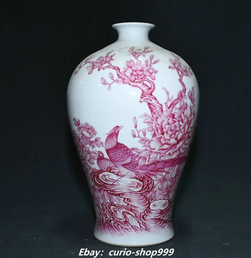 White porcelain bottle vase with pink peony and bird pattern, red glaze accents