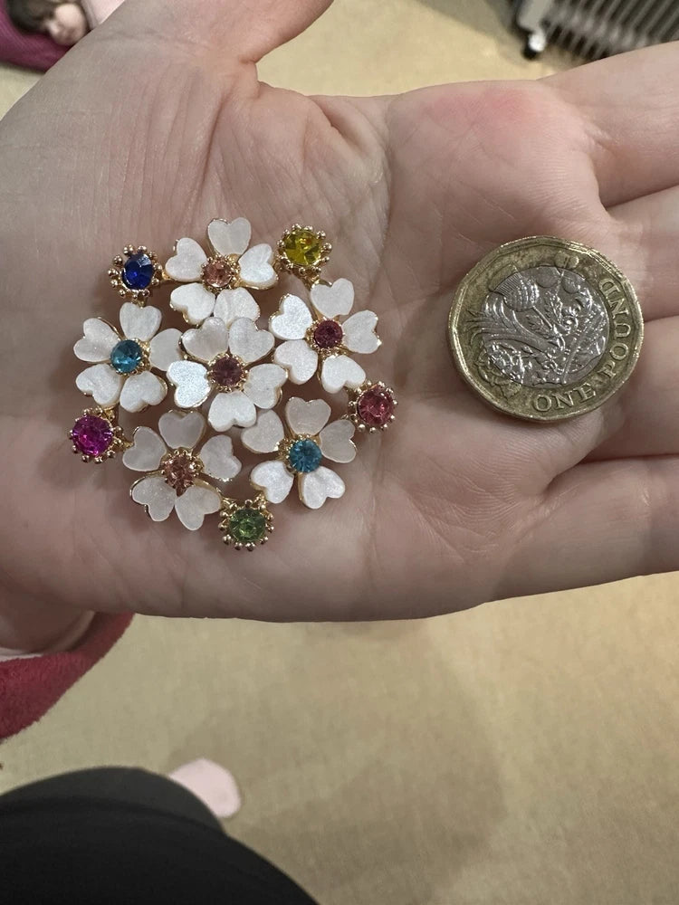 Hydrangea rhinestone flower brooch, multicolor gems on silver-toned base