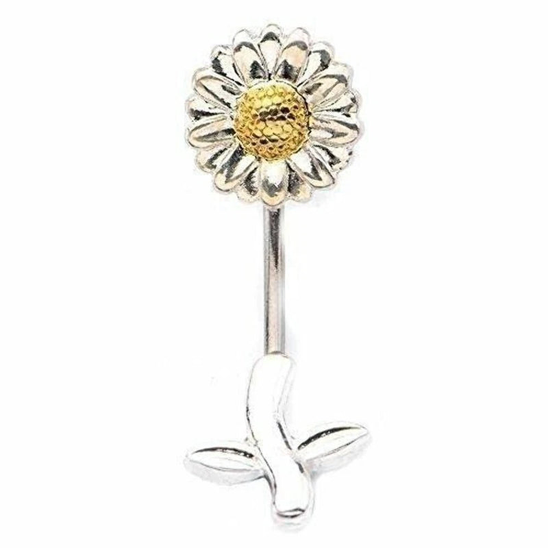 316L surgical steel navel ring with yellow sunflower top and curved bar