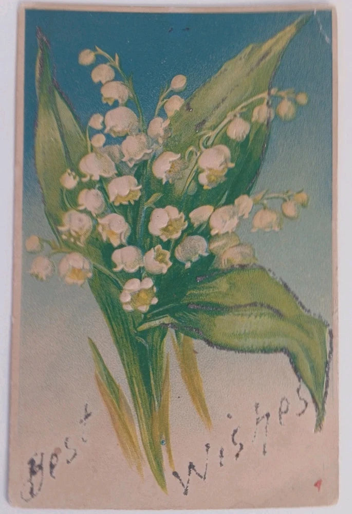Glitter embossed lily of the valley bouquet postcard with cursive wishes