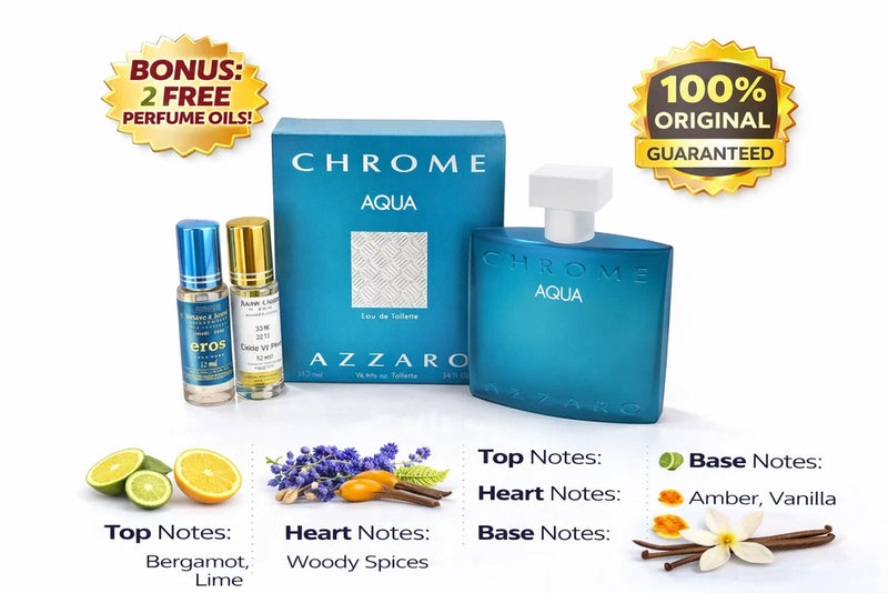 Azzaro Chrome Aqua 3.4oz EDT + 2 Free Oils Gift Set 100% Original Men Fragrance EDP