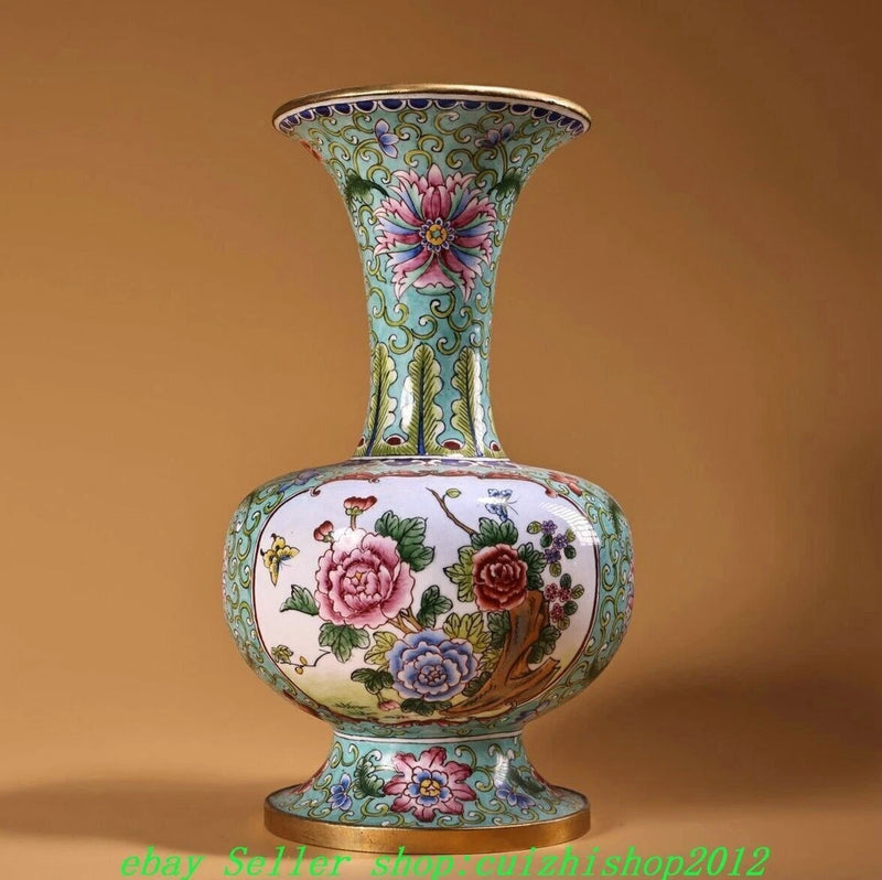 8" Qianlong Marked Cloisonne Enamel Copper Gilt Peony Flower Bird Bottle Vase Peony