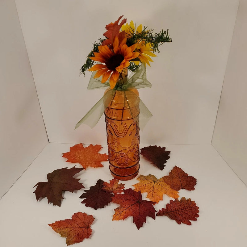 Fall Floral In Brown Etched Bottle with Leaves Arrangement Centerpiece Sunflower