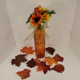 Fall Floral In Brown Etched Bottle with Leaves Arrangement Centerpiece Sunflower