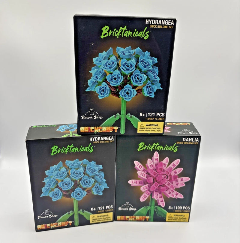 Brickcraft Bricktanicals flower brick set boxes, blue hydrangea and pink dahlia