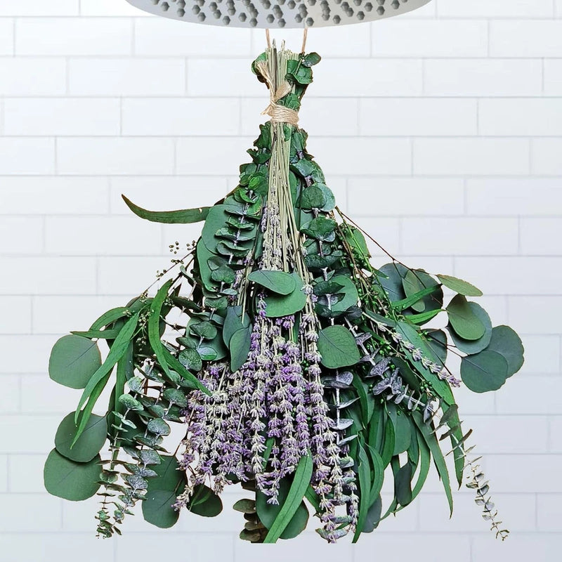 Dried eucalyptus and lavender flower bundle with green leaves and purple blossoms