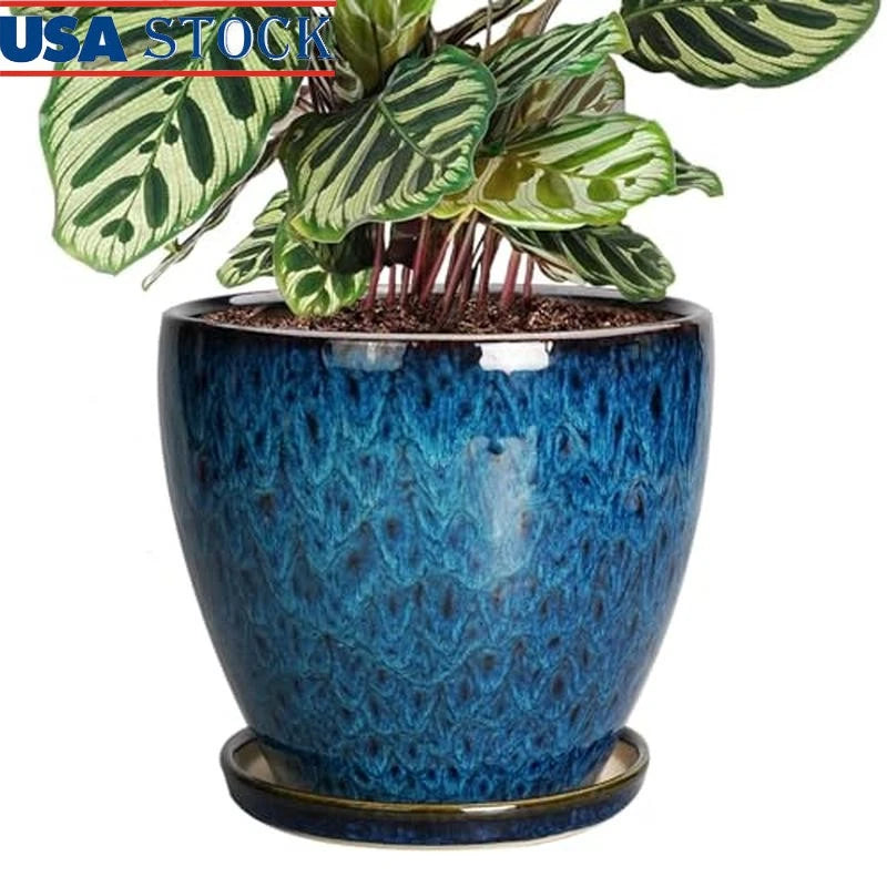 8 Inch Ceramic Planter Pot W/ Drainage Hole Saucer Indoor Outdoor Garden Pots US Garden Plants
