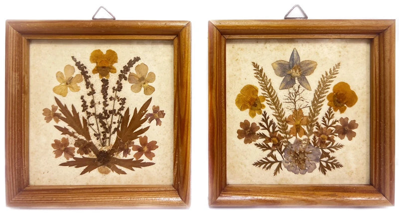 Pair of vintage wooden framed pressed flower mini wall arts with dried botanicals