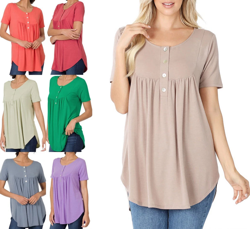 Women’s loose fit yoke shirring top, short sleeves, shell buttons, taupe