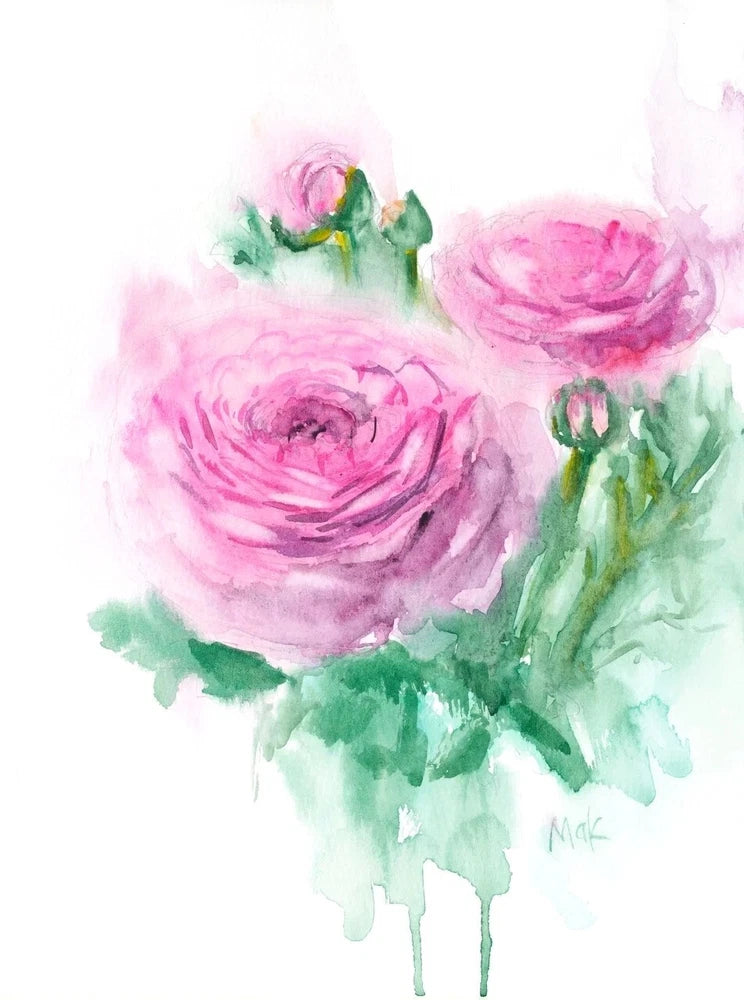 Ranunculus Painting Flower Original Watercolor Pink Roses Artwork Floral Art Ranunculus