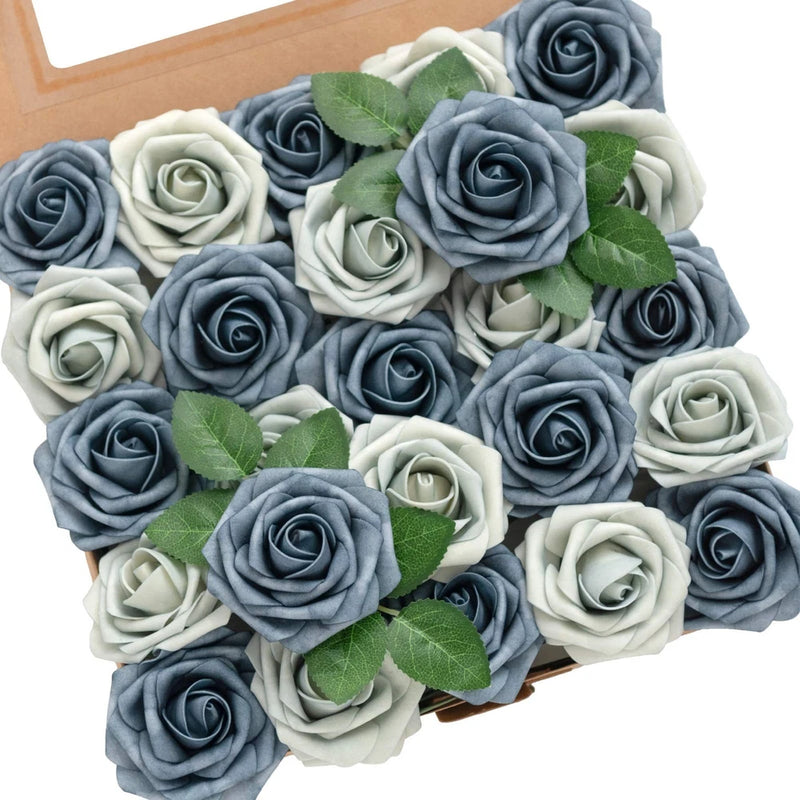 Artificial rose bouquet with dusty blue and navy blooms, white accents, green leaves, stems