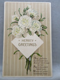 Embossed Postcard Hearty Greetings Bouquet of White Carnations Flowers Series 74 Carnation