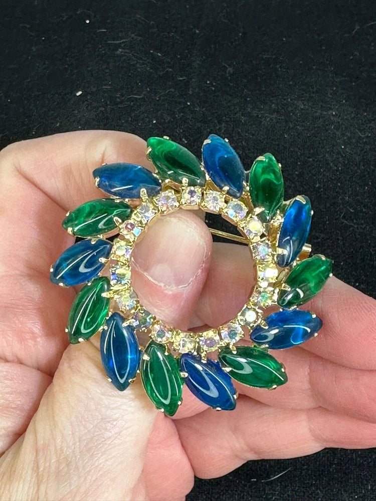 Flower Sunflower Green Blue Navette Cabochons JULIANA Vintage Gold Brooch M-6193 Sunflower