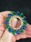Flower Sunflower Green Blue Navette Cabochons JULIANA Vintage Gold Brooch M-6193 Sunflower