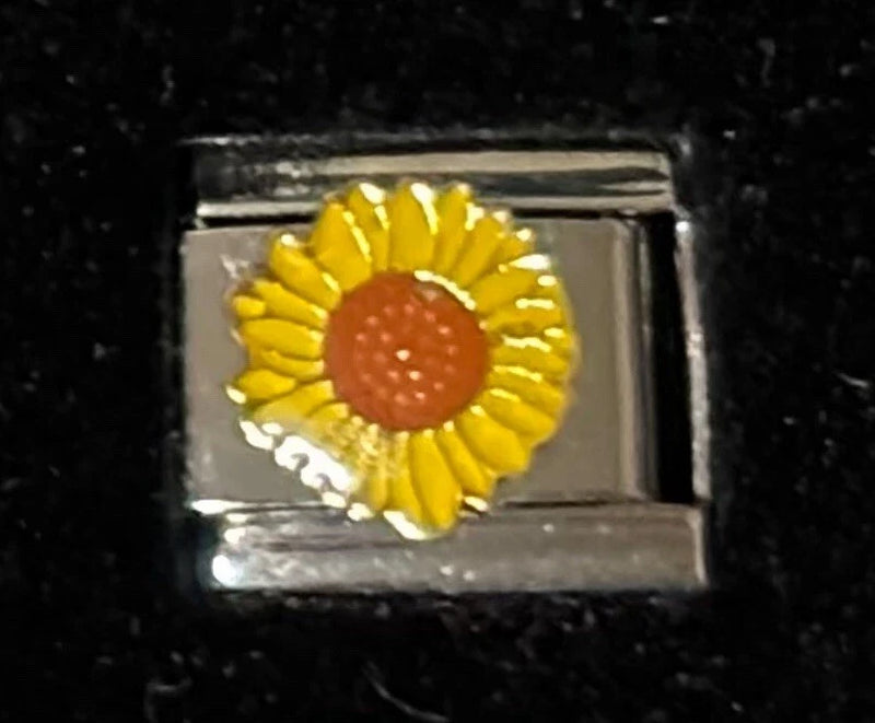 Sunflower enamel charm link with yellow petals and red center