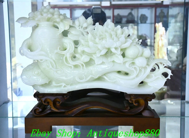 21.3''Old China Natural White Jade Carved Ginseng Peony Flower Ruyi Statue Peony