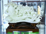 21.3''Old China Natural White Jade Carved Ginseng Peony Flower Ruyi Statue Peony