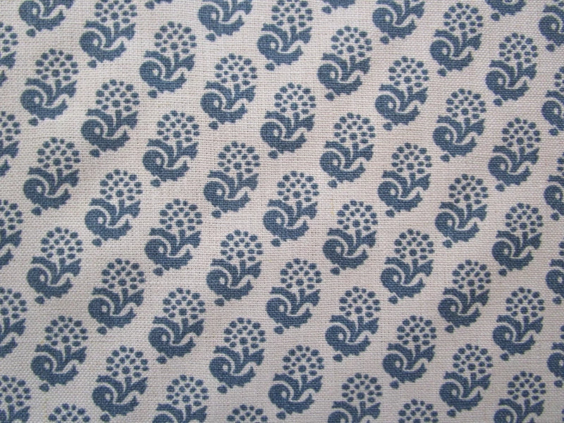 Lisa Fine's Rambagh Reverse Blue Ivory Linen fabric 78" x 54"W Flowering Plants