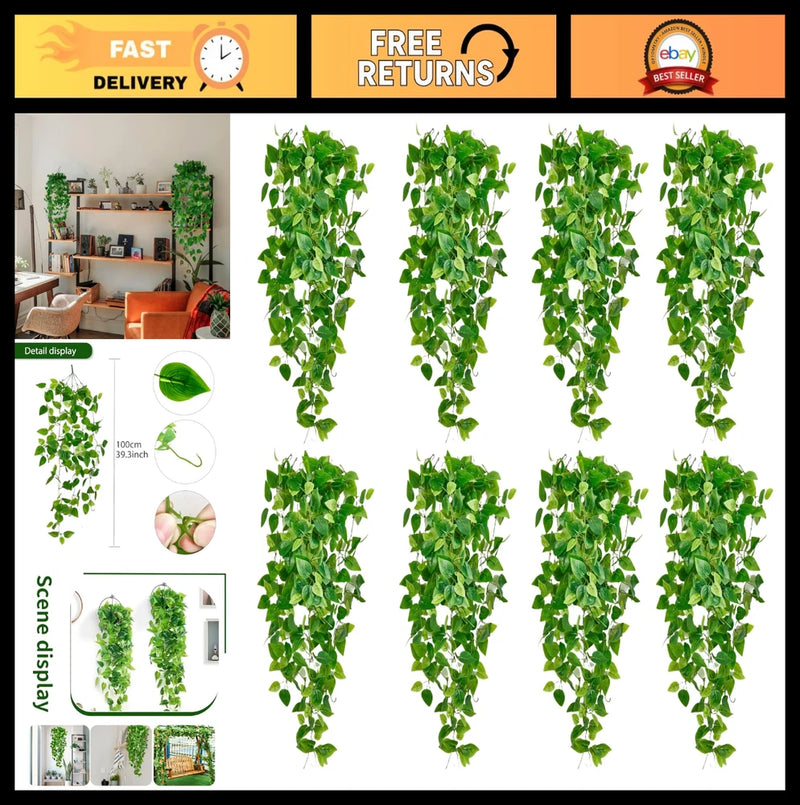 8pcs Fake Hanging Plants Vines - Artificial Ivy Greenery for Home Decor, Indoor/ Green Plant