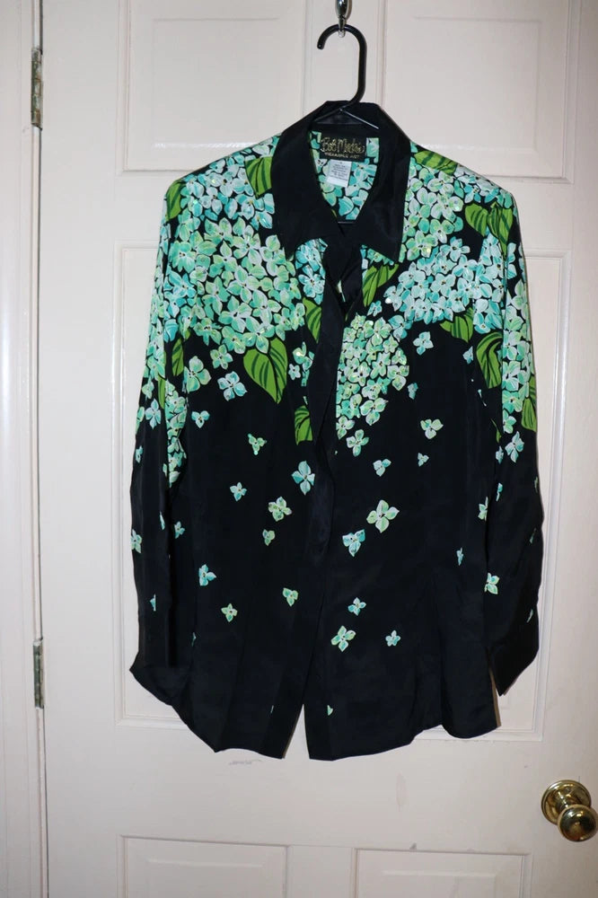 Bob Mackie Wearable Art Silk Blouse Womens S Black Green Hydrangea Sequins Hydrangea