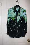 Bob Mackie Wearable Art Silk Blouse Womens S Black Green Hydrangea Sequins Hydrangea
