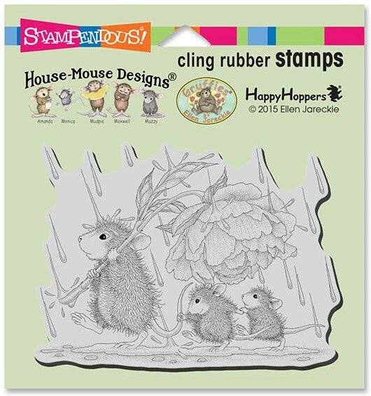 House mouse and peony flower cling rubber stamp with umbrella, uninked outline design