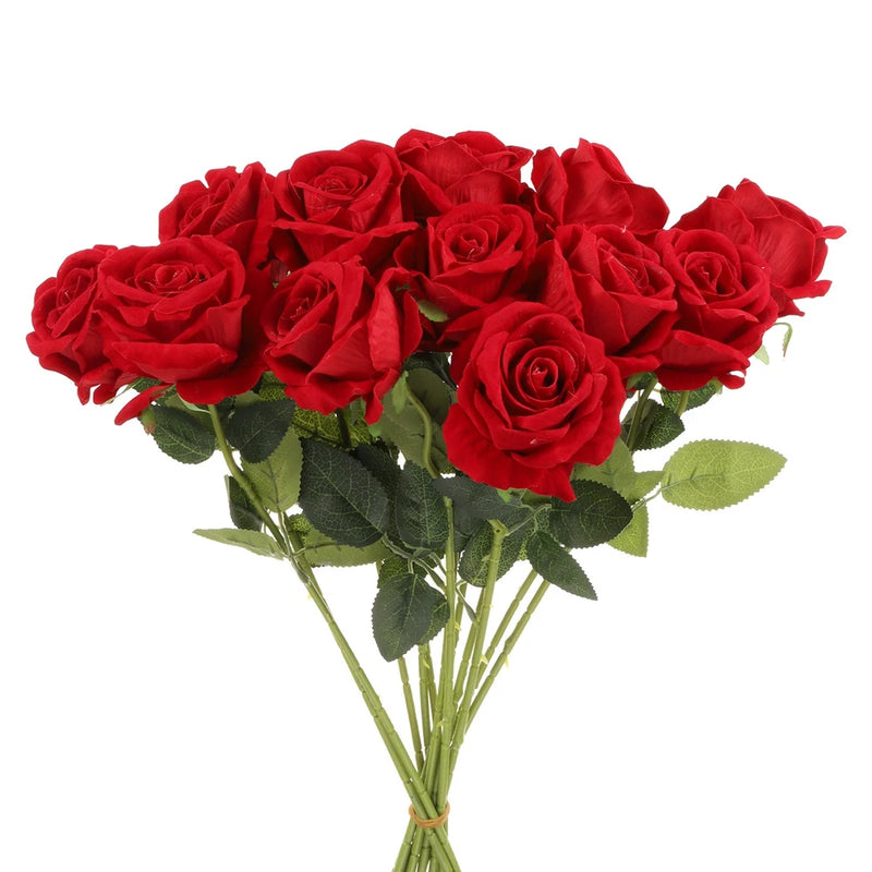 Set of 12 artificial velvet red roses with green leaves and stems