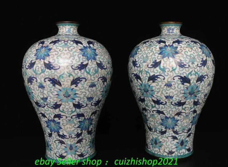 Cloisonne enamel bronze bottle pair with blue-and-white peony pattern