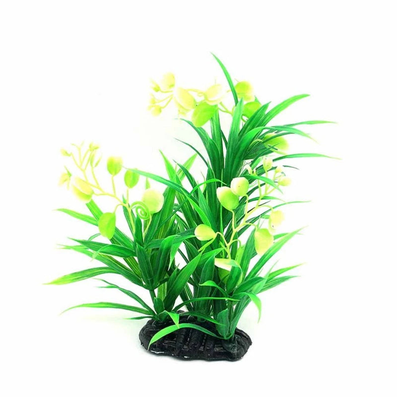 Plastic aquarium plant decoration with tall green artificial leaves and light green buds