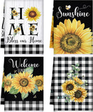 4 Pcs Sunflower Kitchen Towels Black and White Buffalo Plaid Flower Floral Hand Sunflower