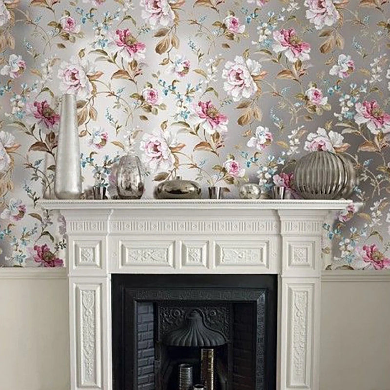 3D floral wallpaper with pink peony blossoms on branching vines, metallic foil accents