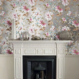 Silver foil metallic pink blossom branches flowers blooming peonies wallpaper 3D Peony