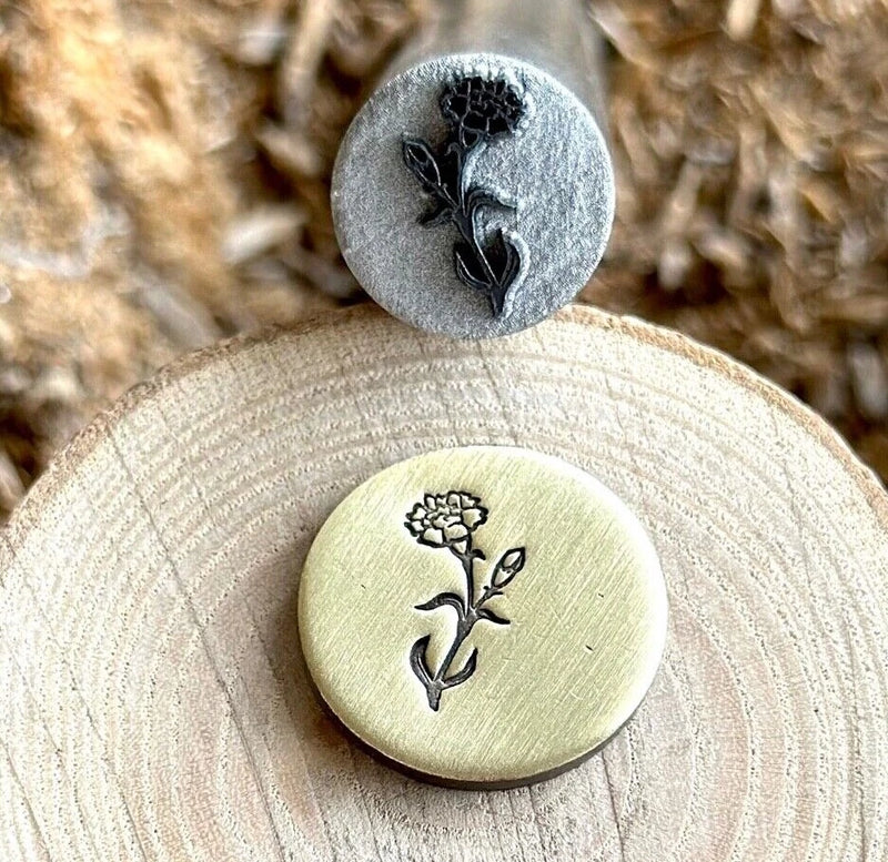 Floral metal stamping die punch tool with carnation flower design, round