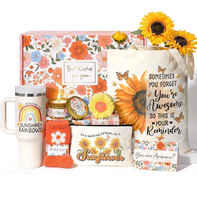 Sunflower gift set: printed tote bag, mug, towels, and sunflower decor