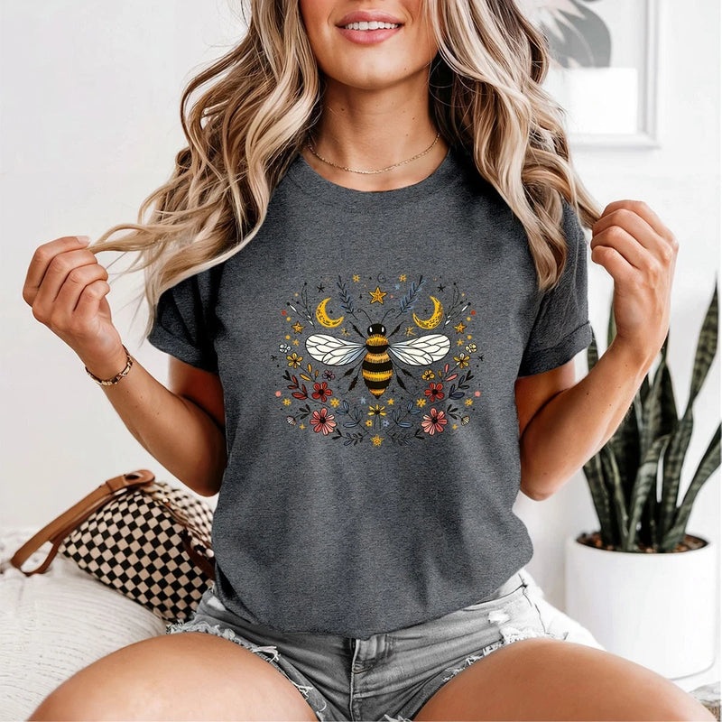 Whimsical Bee Flowers Celestial Womens T-Shirt Nature Boho Top Sunflower