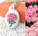 Hydrangea necklace Embroidery pink flower jewelry Anniversary gift March birth Hydrangea