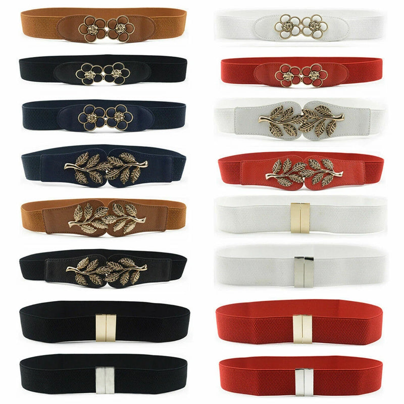 Women Metal Flower Buckle Stretch Belt Faux Leather Dress Elastic Waistband Sunflower