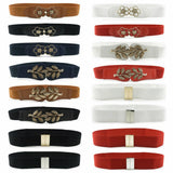 Women Metal Flower Buckle Stretch Belt Faux Leather Dress Elastic Waistband Sunflower