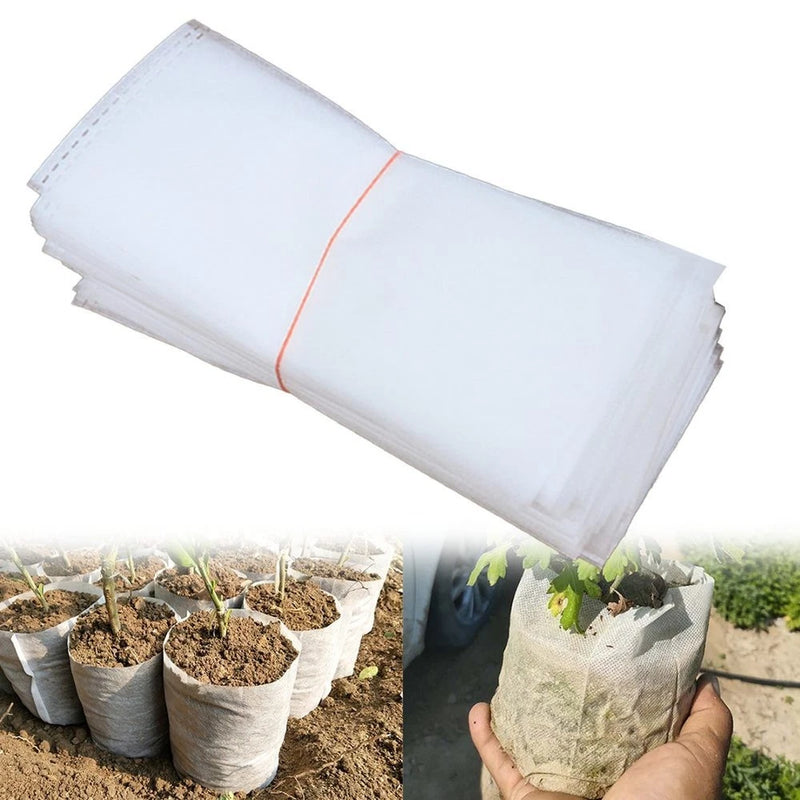 Compostable plant growth bags, white fabric-like pouches, stacked set of 100