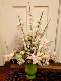 Pink Lily Delphinium Hydrangea Faux Silk Flower Arrangement Floral Green Vase Hydrangea