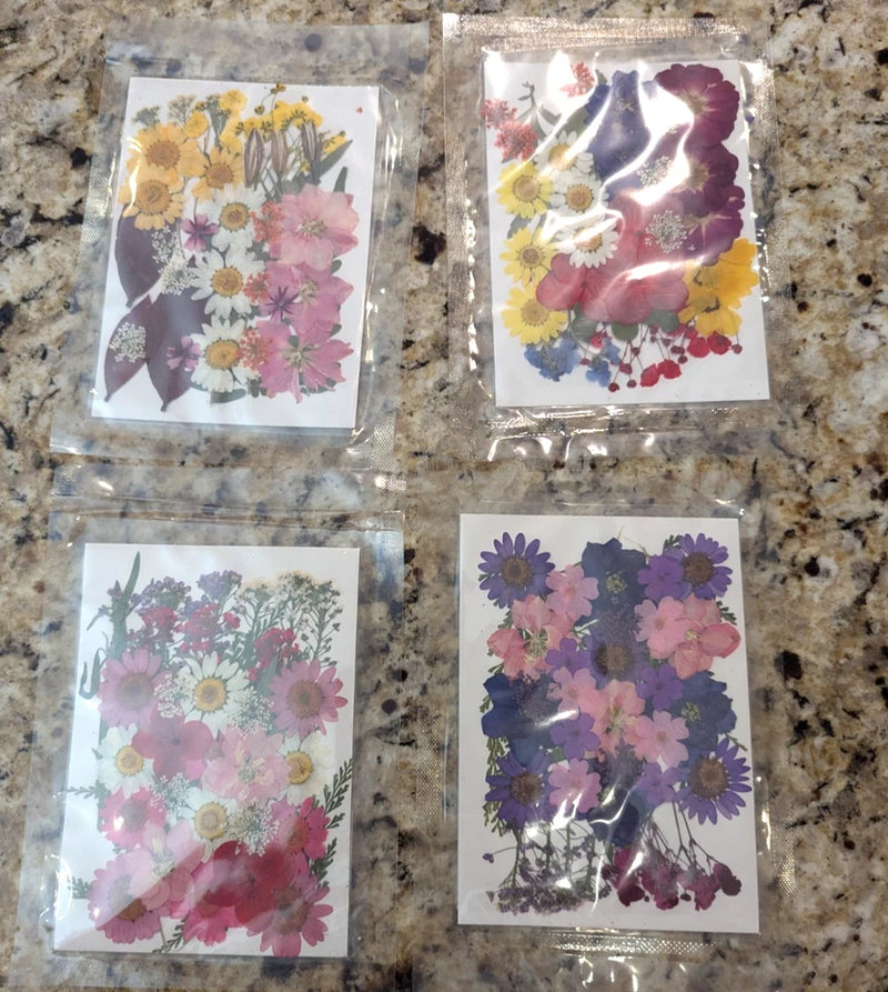 Pressed dried flower set with 4 sealed packets of mixed pink and purple blooms